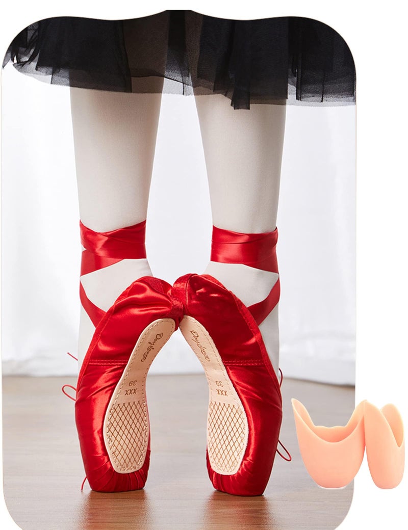 Daydance Red Pointe Shoes for Women, Ribbon Ballet Shoes with Toe Pads, 2 Big Kids - Image 3